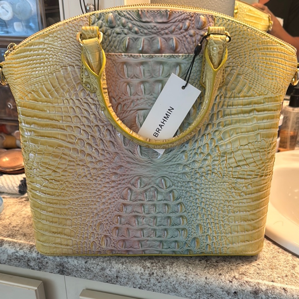 Brahmin Yellow and Blue Croc-Embossed Satchel